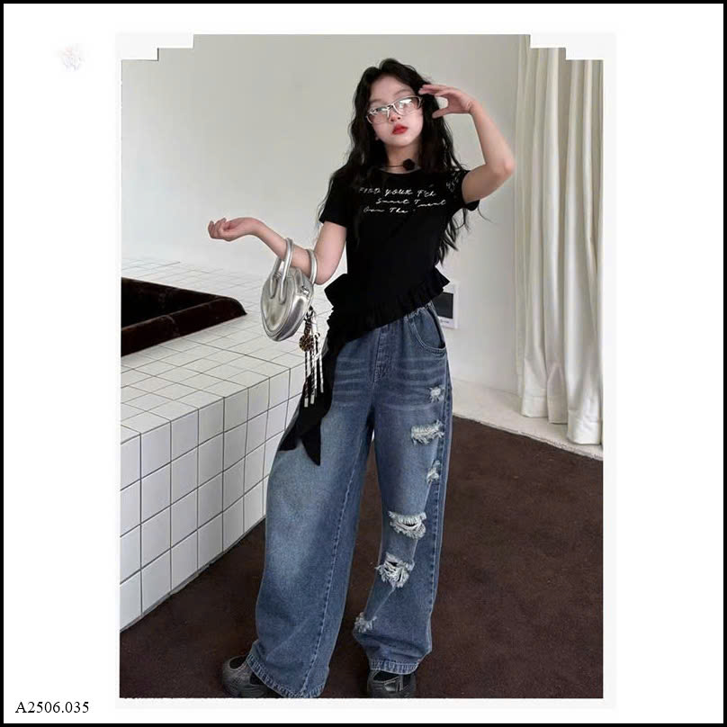 ÁO CỘC TAY VIỀN BÈO PHỐI QUẦN JEAN SUÔNG RÁCH   Sỉ giá Áo: 110k  Quần: 175k 