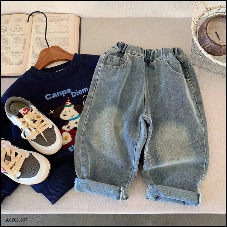 QUẦN JEAN HỌA TIẾT CÚN CHO BÉ   Giá sỉ 189k