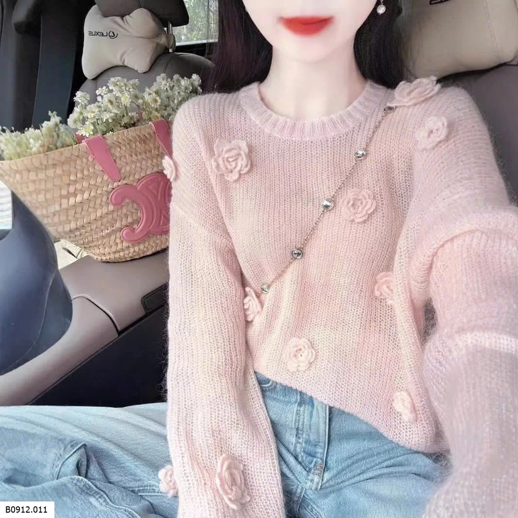 ÁO LEN ĐAN HỒNG GẮN HOA 3D  Giá sỉ 165k