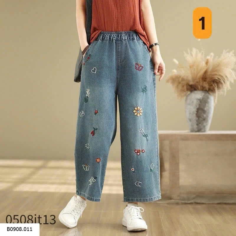 Quần jeans thêu cạp chun ống thẳng   Sỉ 245k