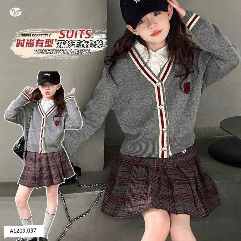 SET ÁO LEN CARDIGAN LEN MIX CHÂN VÁY KẺ   Giá sỉ áo 210k , váy 161k