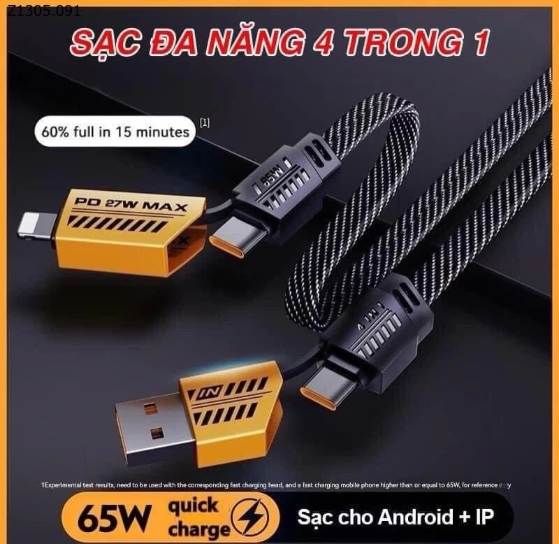 Cáp Sạc Nhanh 4 Đầu 65W Sỉ 45k/ set 2 dây