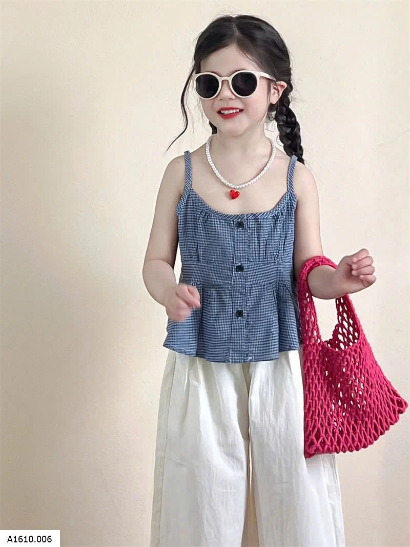 SET ÁO 2 DÂY CARO XANH PHỐI QUẦN SUÔNG TRẮNG   Giá sỉ 275k