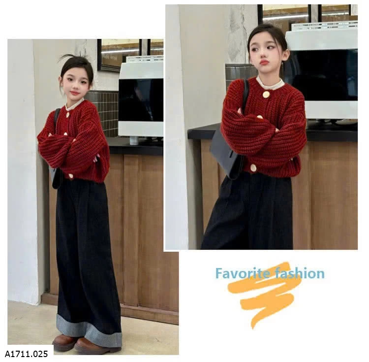 ÁO KHOÁC LEN ĐỎ & JEANS SUÔNG BÉ GÁI  Giá sỉ áo: 205k quần: #170k