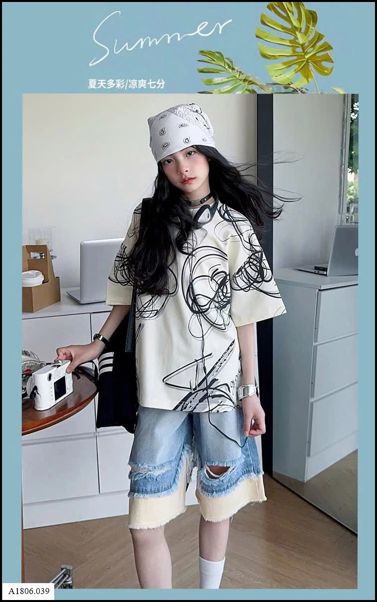 SET ÁO THUN HỌA TIẾT MIX JEAN NGỐ Sỉ  giá  áo: 126k  quần: 174k