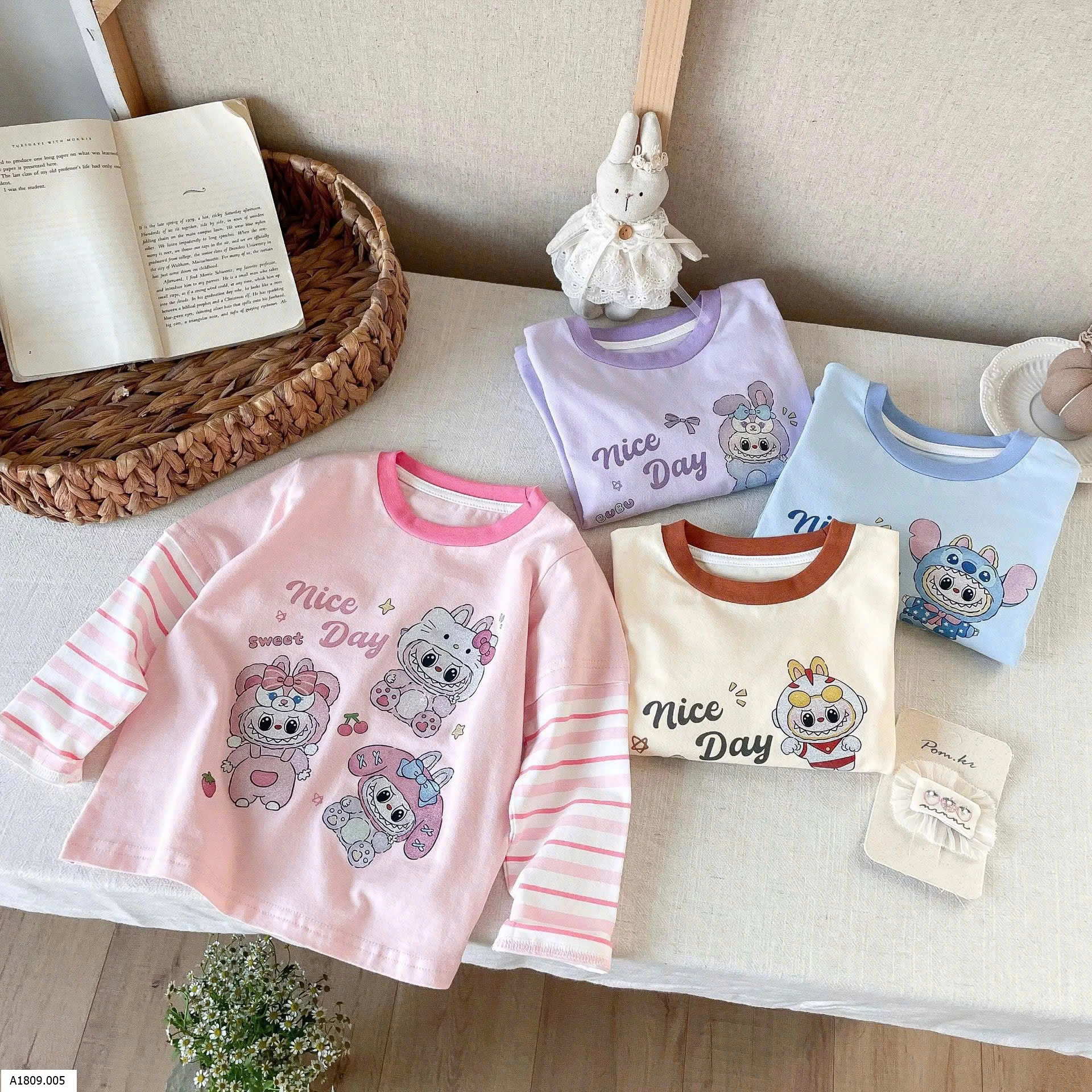 ÁO THUN GIẢ 2 LỚP TAY KẺ LABUBU   Giá sỉ 83k