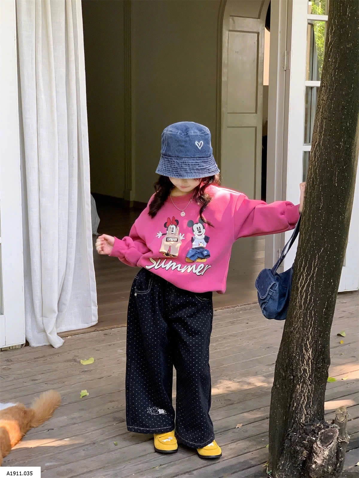 ÁO NỈ HỒNG MIX JEANS SUÔNG CHẤM BI  Giá sỉ áo 181k  quần 217k 