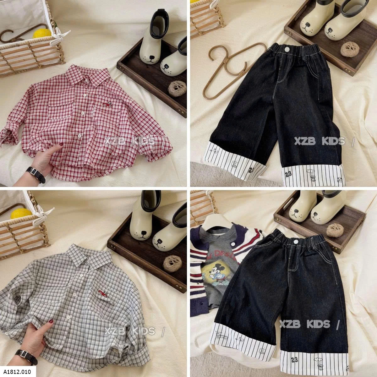 ÁO SƠ MI KẺ TÚI THÊU XE MIX QUẦN JEAN CHO BÉ Giá sỉ áo 136k , quần 163k