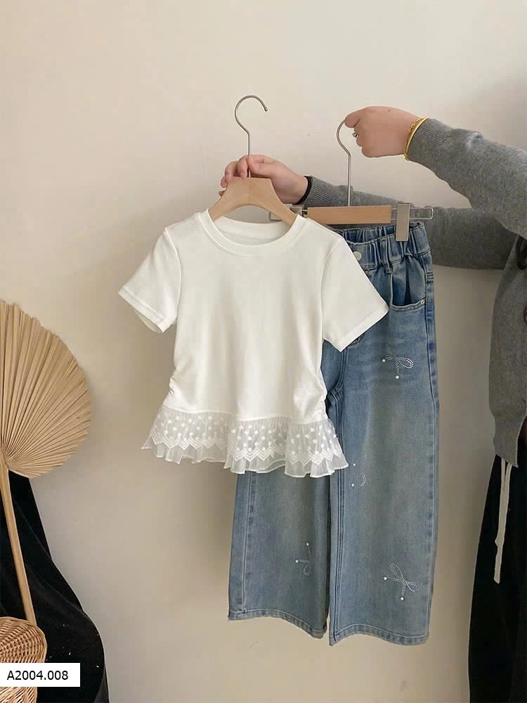SÉT ÁO PHÔNG PHỐI REN  MIX QUẦN JEAN NƠ  Sỉ  giá  áo:  sz 110-150: 119k  sz 160-170: 145k   quần:  sz 110-150: 195k sz 160-170: 222k 