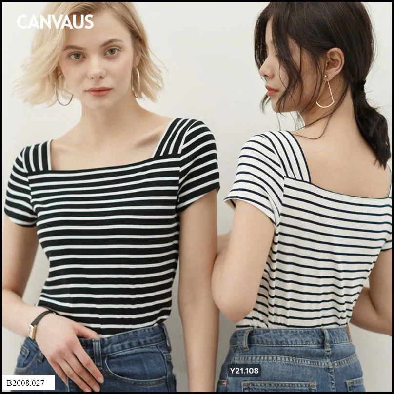 ÁO KẺ CỔ RỘNG CANVAUS   Giá sỉ 160k
