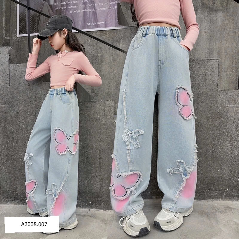 Quần jeans suông cánh bướm cho bé gái   Giá sỉ 195k