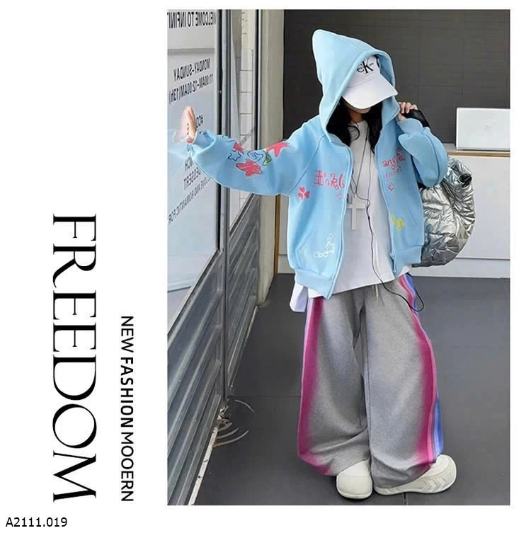 SET ÁO KHOÁC NỈ MIX QUẦN SUÔNG PHỐI MÀU   Giá sỉ áo: 235k quần: 190k