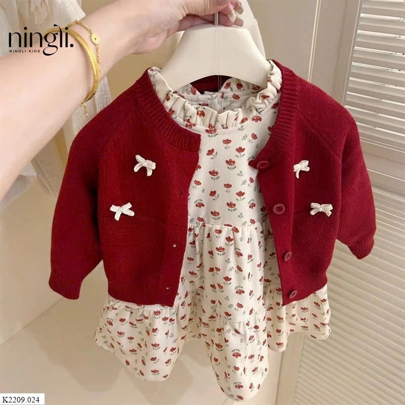 Set cardigan nơ đỏ mix váy hoa dễ thương   Gía sỉ như sau: set 215k áo 124k  váy 109k 