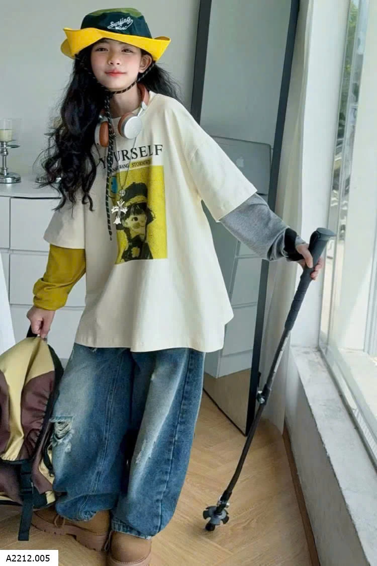 SÉT ÁO THUN CÔ GÁI TAY NỐI MIX QUẦN JEAN RÁCH GỐI Giá sỉ áo: 165k quần: 212k