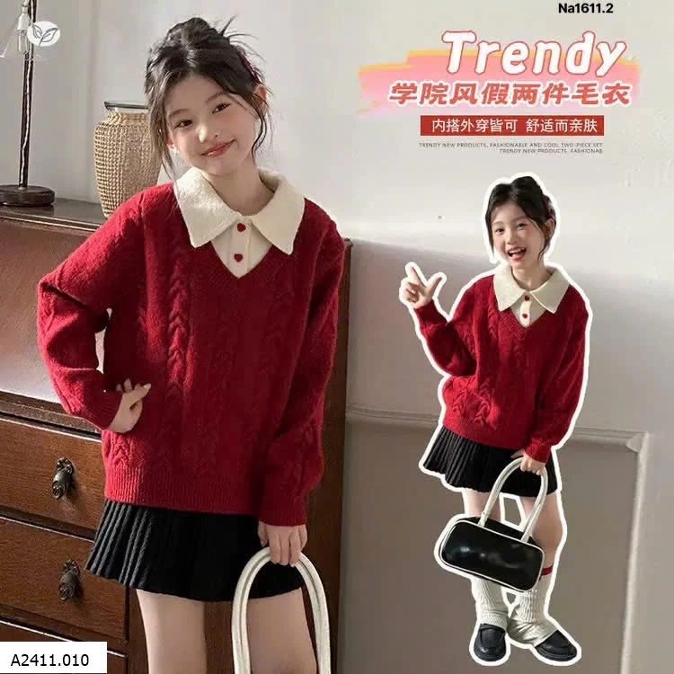 ÁO LEN ĐỎ PHỐI CỔ SƠ MI Giá sỉ 245k