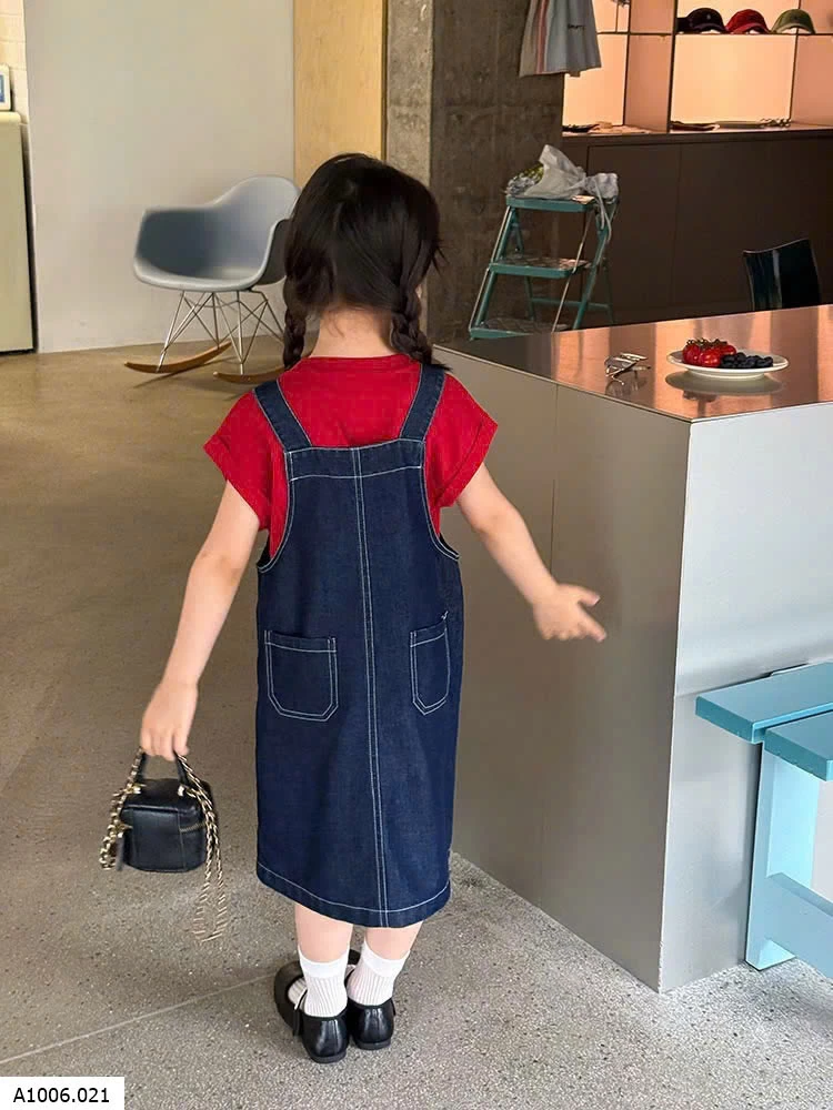yếm jean mix áo thun  Sỉ Giá: Yếm: 90-150: 147k / 160: 158k / 170: 169k Áo: 90-150: 85k / 160: 92k / 170: 99k