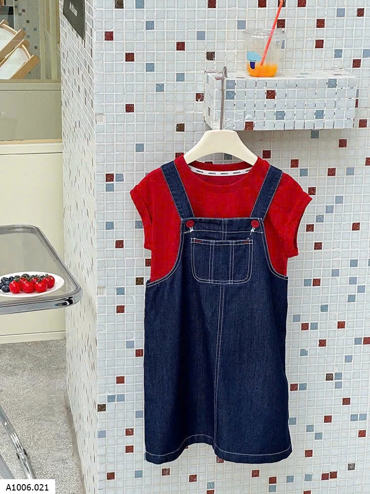 yếm jean mix áo thun  Sỉ Giá: Yếm: 90-150: 147k / 160: 158k / 170: 169k Áo: 90-150: 85k / 160: 92k / 170: 99k
