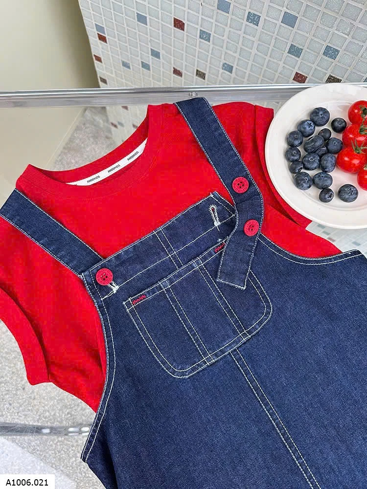 yếm jean mix áo thun  Sỉ Giá: Yếm: 90-150: 147k / 160: 158k / 170: 169k Áo: 90-150: 85k / 160: 92k / 170: 99k