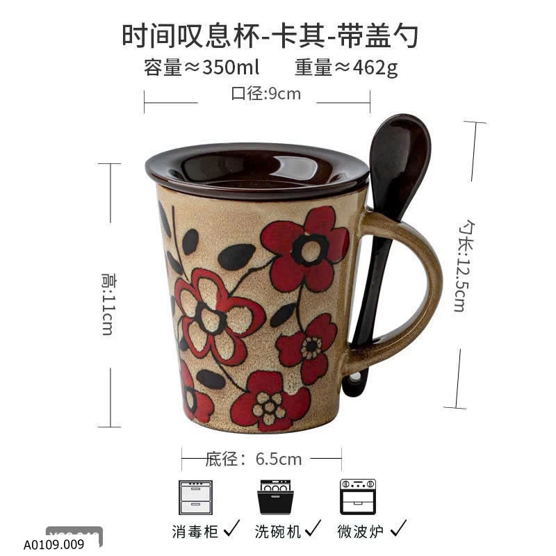 Cốc Sứ Họa Tiết Hoa Kèm Nắp Và Thìa   Giá sỉ 85k
