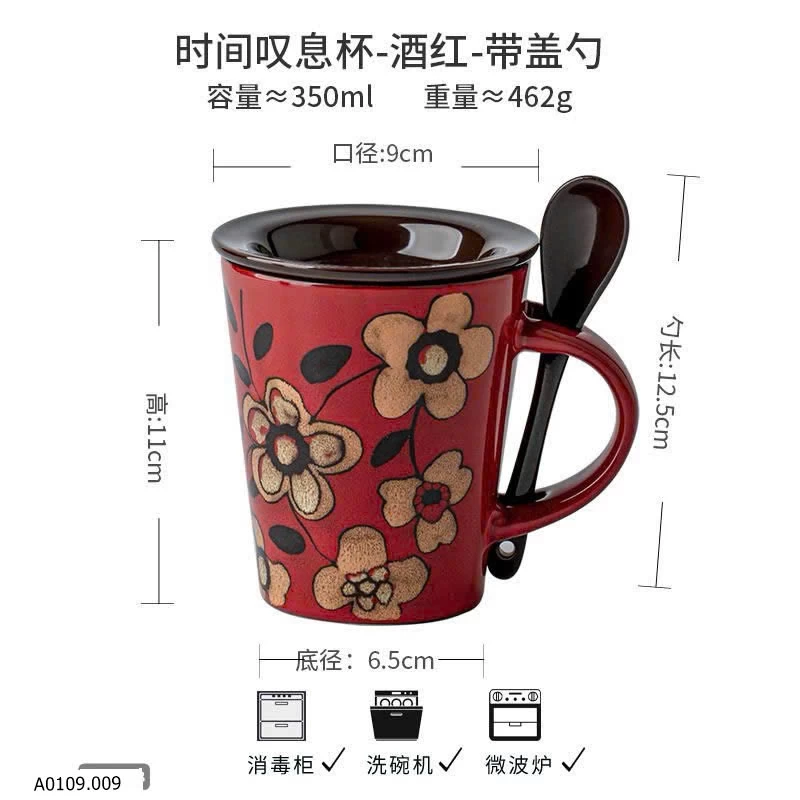 Cốc Sứ Họa Tiết Hoa Kèm Nắp Và Thìa   Giá sỉ 85k