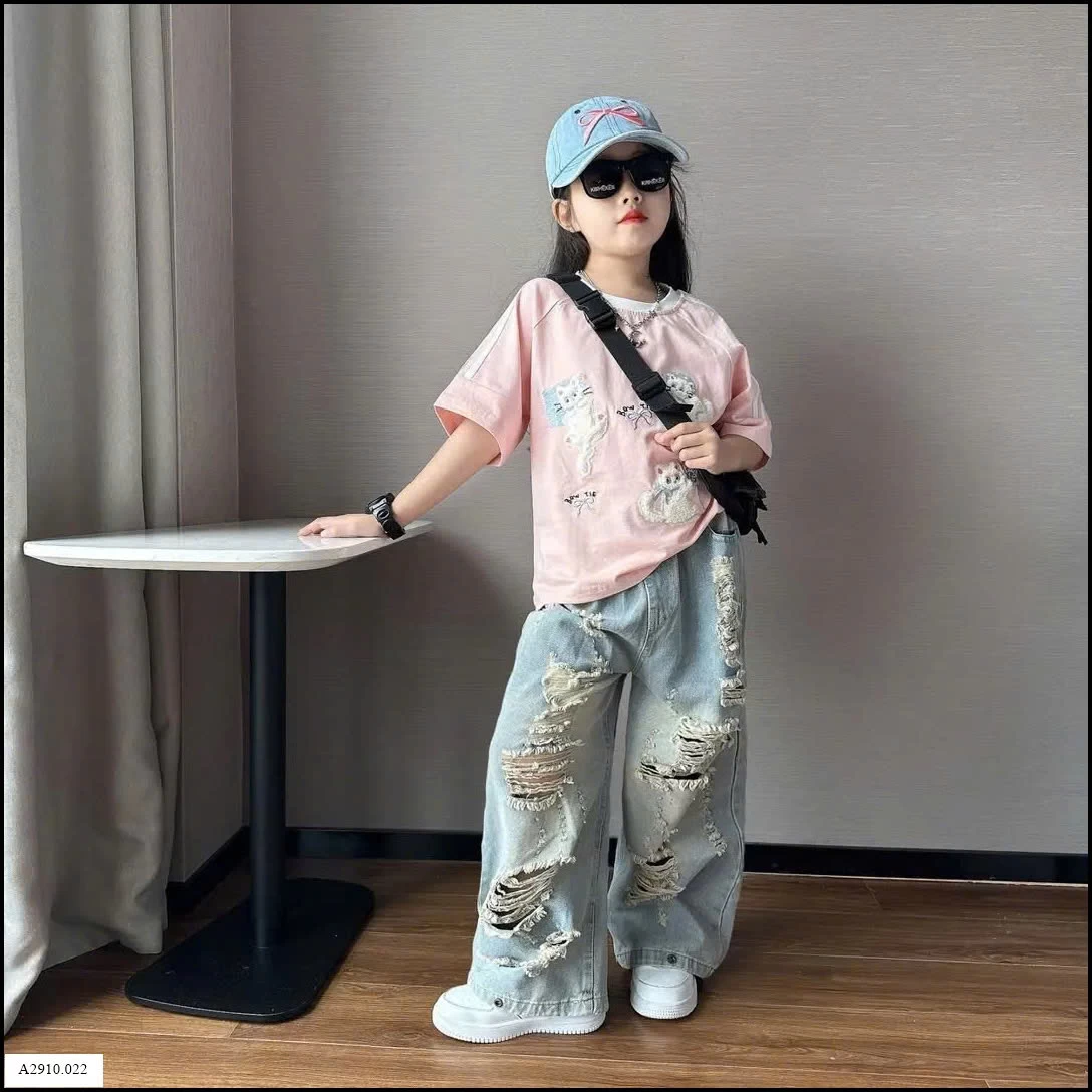 SET ÁO PHÔNG MÈO MIX QUẦN JEAN RÁCH   Giá sỉ áo:132k  quần: 216k  cả set: 330k