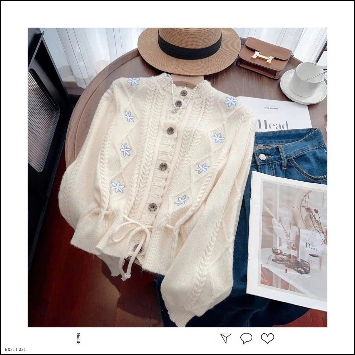 ÁO CARDIGAN LEN THÊU HOA DÂY RÚT EO  Giá sỉ 190k