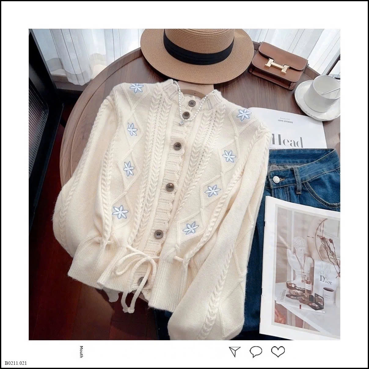 ÁO CARDIGAN LEN THÊU HOA DÂY RÚT EO  Giá sỉ 190k