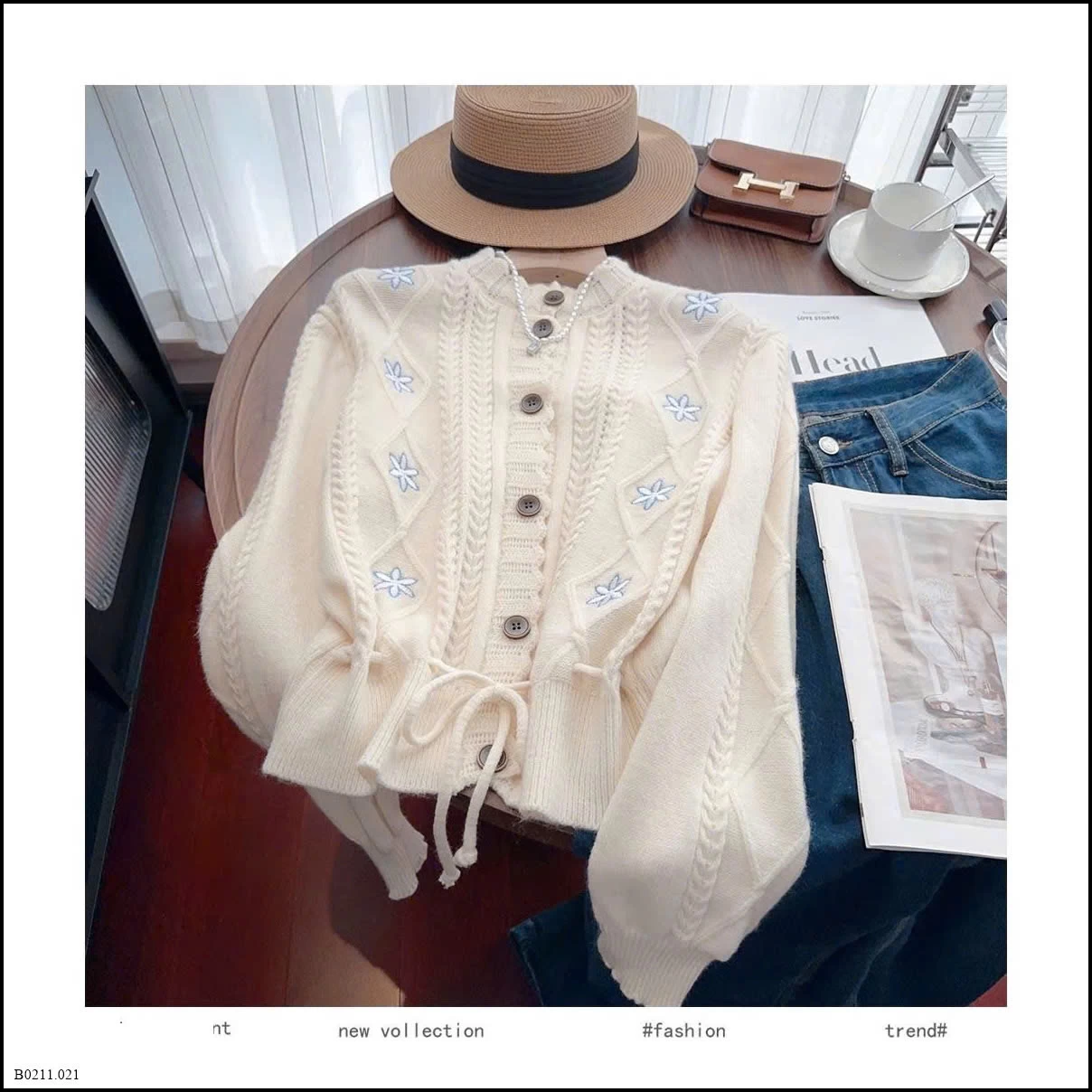 ÁO CARDIGAN LEN THÊU HOA DÂY RÚT EO  Giá sỉ 190k