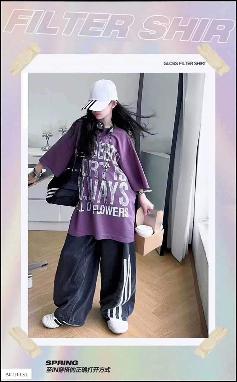 SÉT ÁO TÍM MIX QUẦN HIPHOP BÉ GÁI   Giá sỉ áo: 145k  quần: 189k