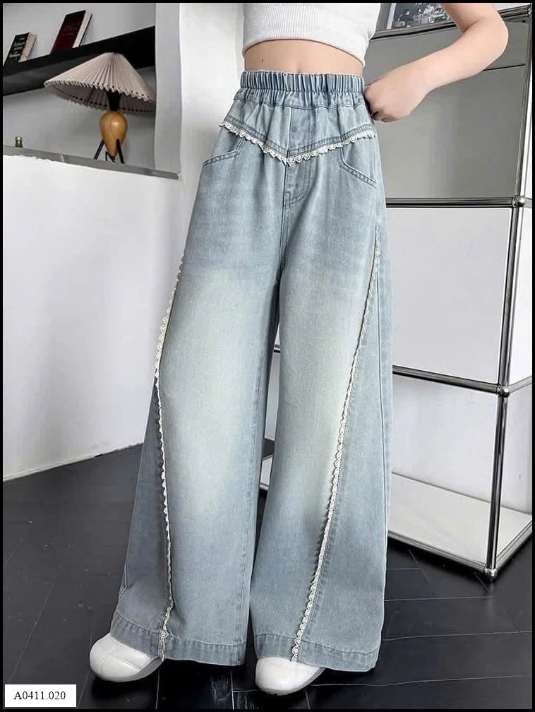 QUẦN JEAN SUÔNG RỘNG VIỀN REN BÉ GÁI  Giá sỉ 190k