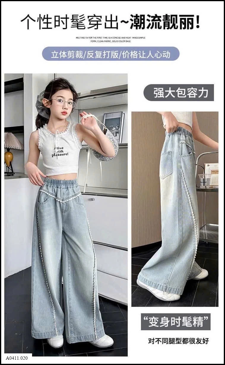 QUẦN JEAN SUÔNG RỘNG VIỀN REN BÉ GÁI  Giá sỉ 190k