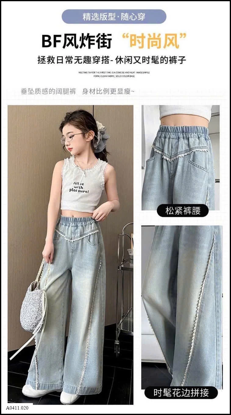 QUẦN JEAN SUÔNG RỘNG VIỀN REN BÉ GÁI  Giá sỉ 190k