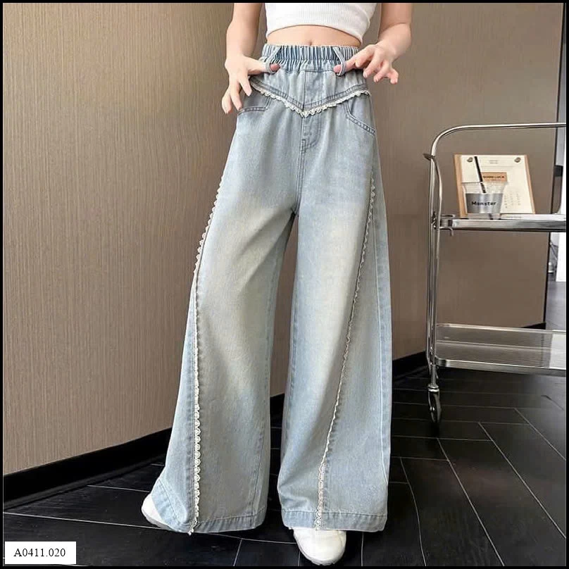 QUẦN JEAN SUÔNG RỘNG VIỀN REN BÉ GÁI  Giá sỉ 190k