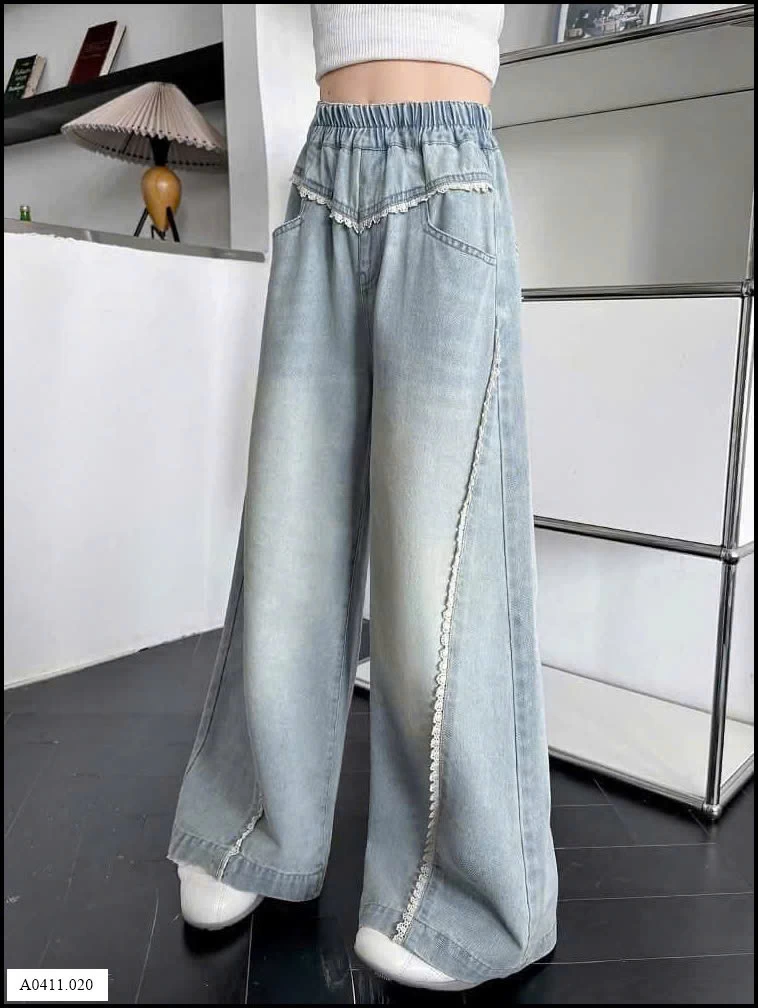 QUẦN JEAN SUÔNG RỘNG VIỀN REN BÉ GÁI  Giá sỉ 190k