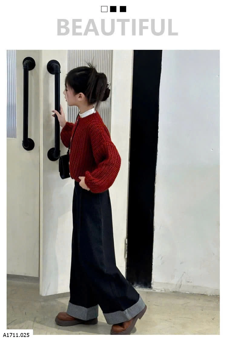 ÁO KHOÁC LEN ĐỎ & JEANS SUÔNG BÉ GÁI  Giá sỉ áo: 205k quần: #170k