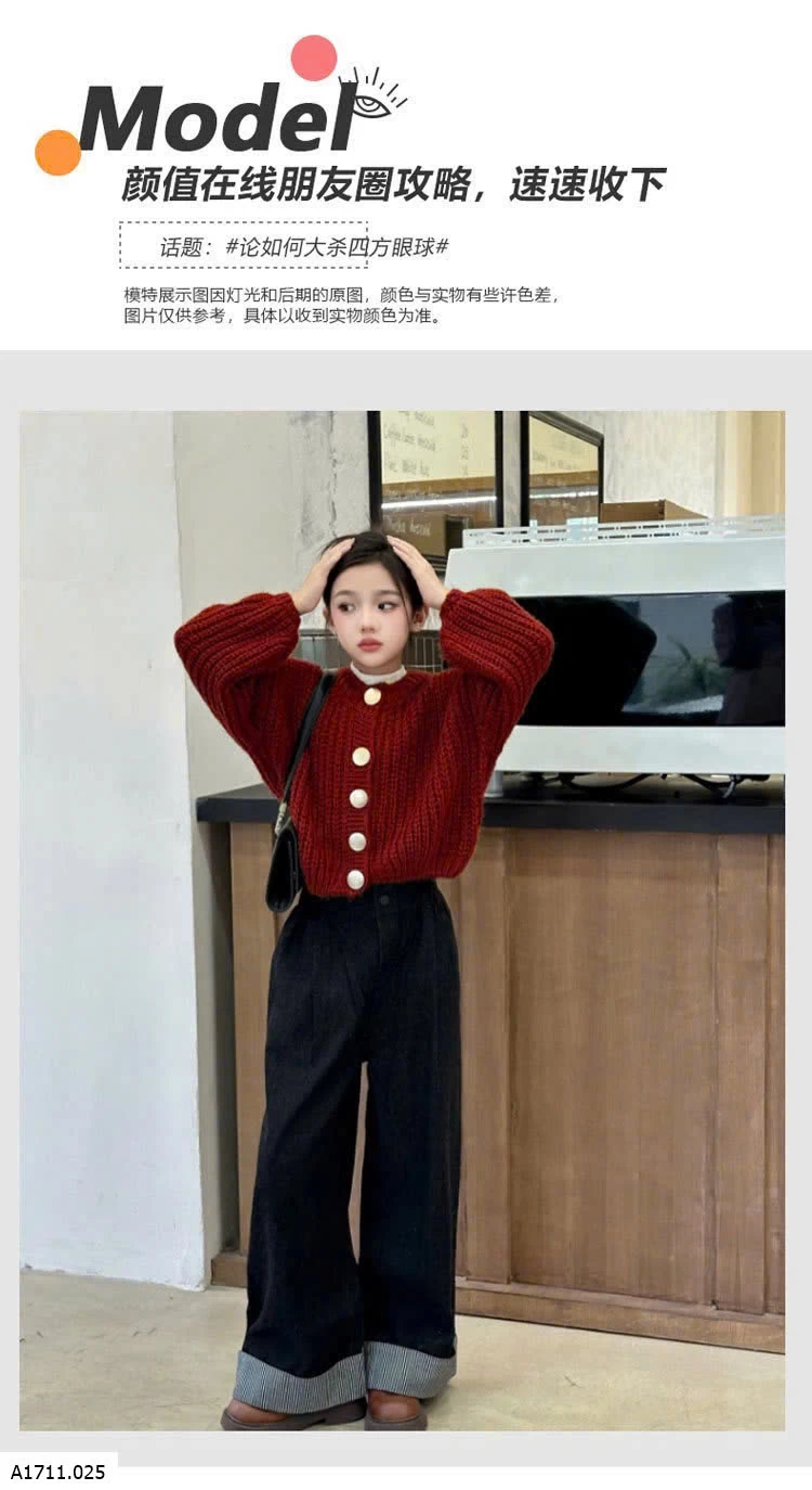 ÁO KHOÁC LEN ĐỎ & JEANS SUÔNG BÉ GÁI  Giá sỉ áo: 205k quần: #170k