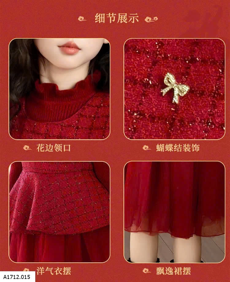 SET VÁY DẠ ĐỎ PHỐI VOAN ĐỎ LÓT NHUNG  Giá sỉ 390k