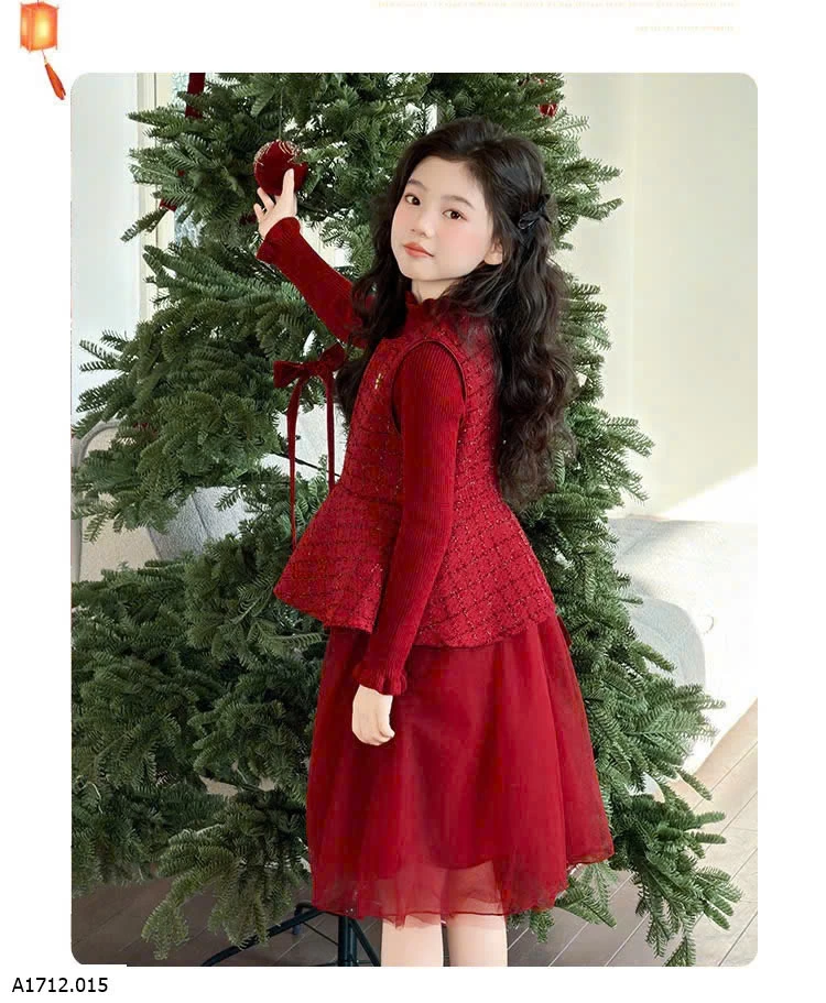 SET VÁY DẠ ĐỎ PHỐI VOAN ĐỎ LÓT NHUNG  Giá sỉ 390k