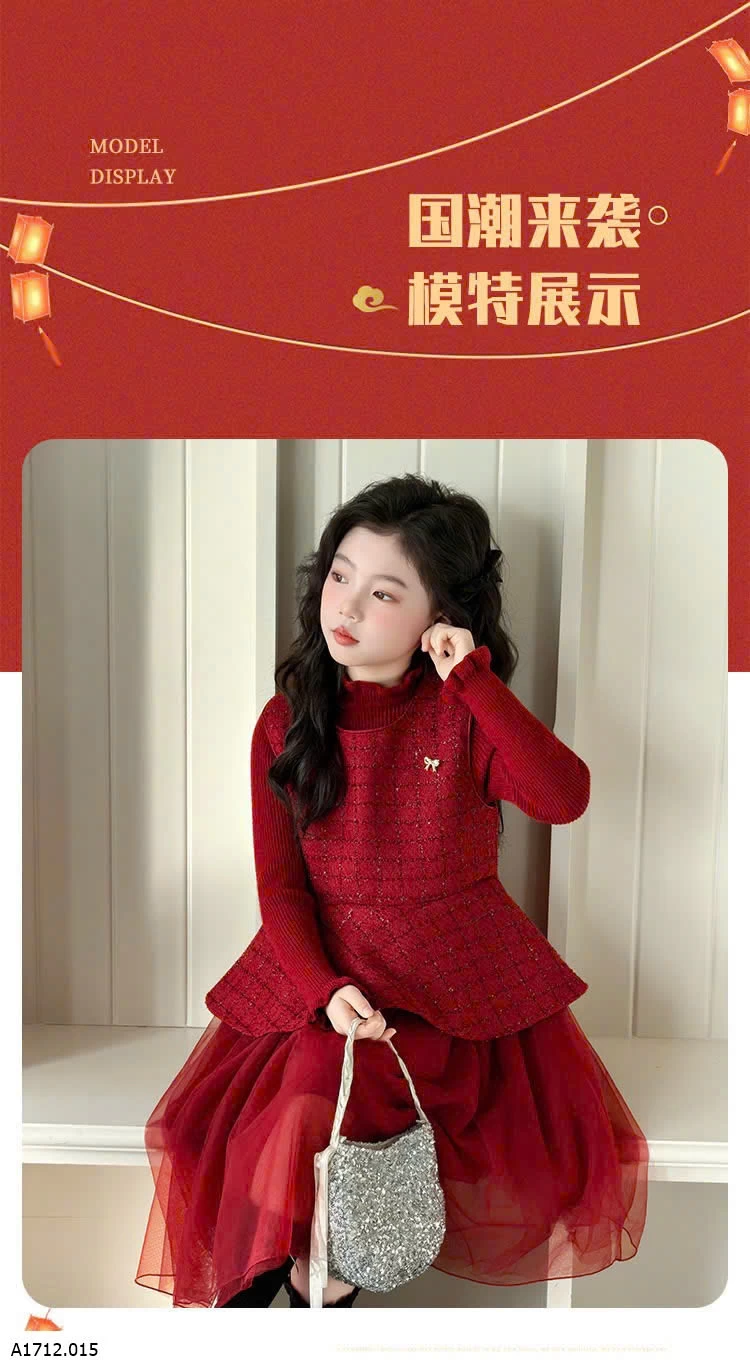 SET VÁY DẠ ĐỎ PHỐI VOAN ĐỎ LÓT NHUNG  Giá sỉ 390k