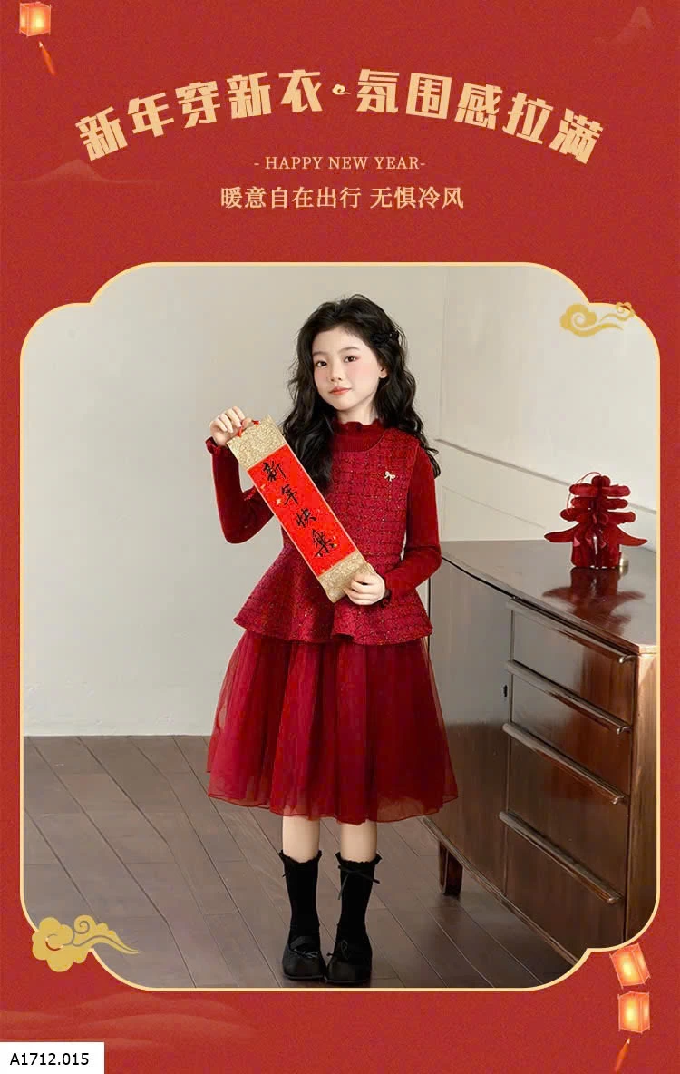 SET VÁY DẠ ĐỎ PHỐI VOAN ĐỎ LÓT NHUNG  Giá sỉ 390k