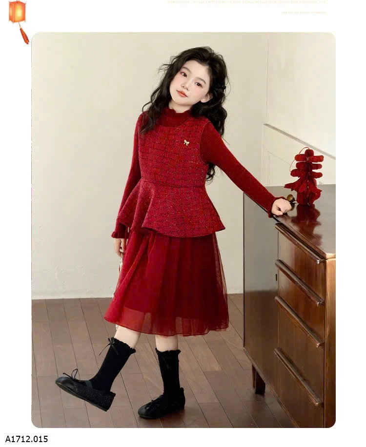 SET VÁY DẠ ĐỎ PHỐI VOAN ĐỎ LÓT NHUNG  Giá sỉ 390k