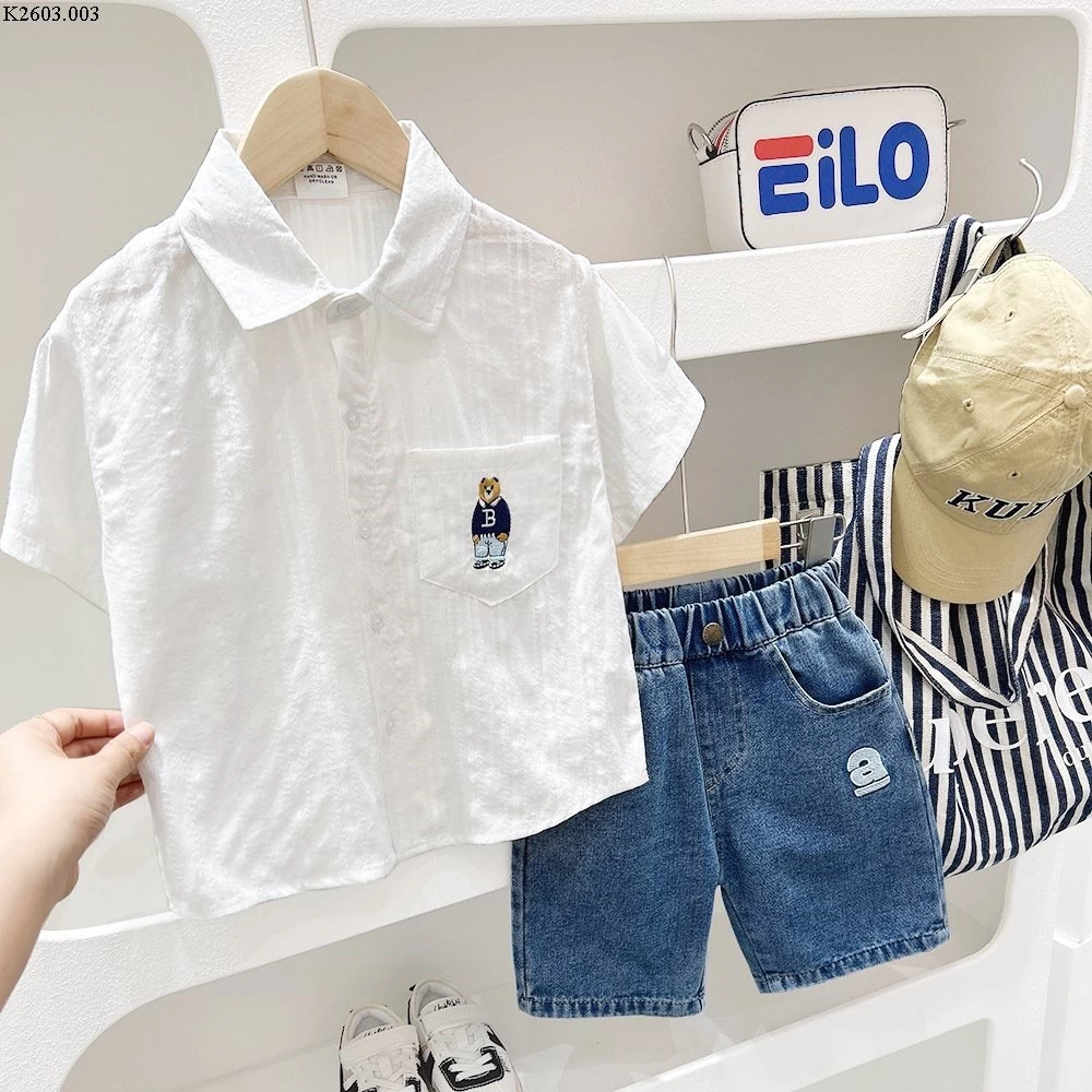 ÁO SƠ MI THÊU GẤU MIX QUẦN SHORT JEAN  BÉ TRAI NHÀ KACADY Giá: áo 97k, quần 100k 