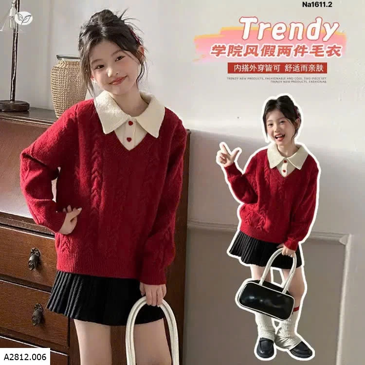 ÁO LEN ĐỎ PHỐI CỔ SƠ MI  Giá sỉ 245ka