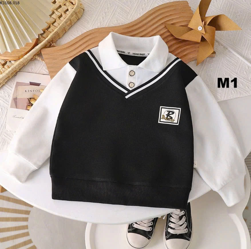 ÁO NỈ PHỐI CỔ POLO BÉ TRAI Si size 90-120:62k size 130-160:72k