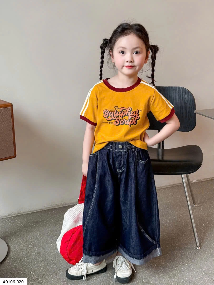 Set áo phông vàng mix quần jean bé gái    Sỉ áo 101k, quần 201k