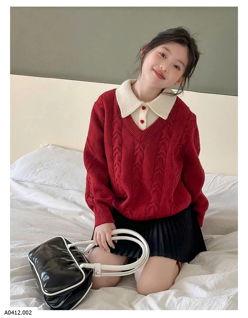 ÁO LEN ĐỎ PHỐI CỔ SƠ MI CHO BG Giá sỉ 245k