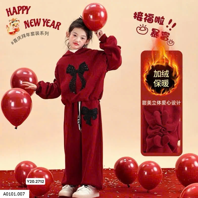 BỘ NỈ HOODIE ĐỎ HOẠ TIẾT NƠ BÉ GÁI Giá sỉ 235k