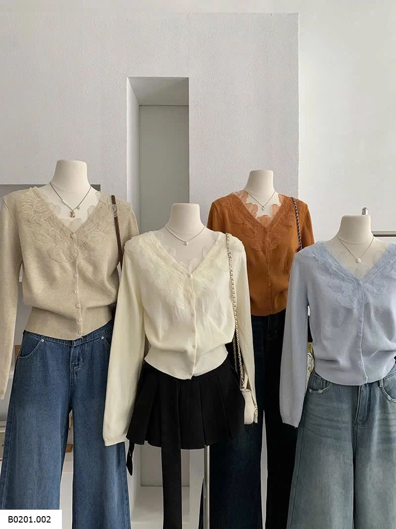 ÁO CARDIGAN LEN PHỐI REN HOA CỔ V   Giá sỉ 216k