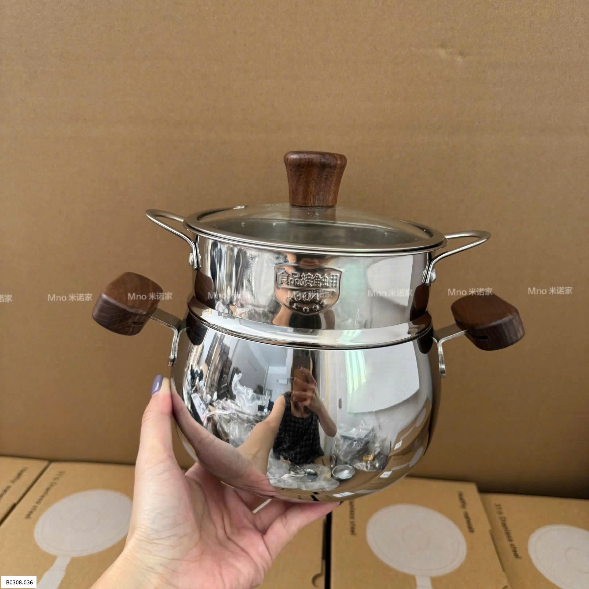 NỒI THÉP KHÔNG GỈ TAY CẦM GỖ  Sỉ giá m1: 256k  m2: 307k 