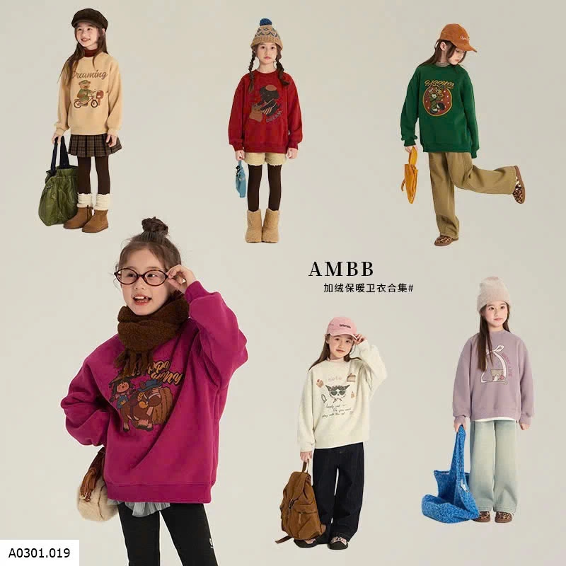 ÁO NỈ AMBB BÉ GÁI  Giá sỉ Sz 90-150: #170k sz 160: #200k Sz 170: #220ka